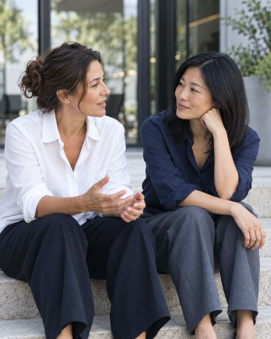 Two women sitting together outside, listening to one another.